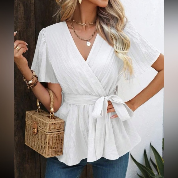 Boho surplice neck belted blouse